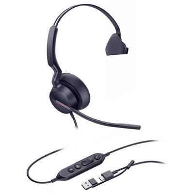 Un casque USB noir avec un microphone ajustable et des commandes intégrées. Convient pour les appels et l'utilisation multimédia.