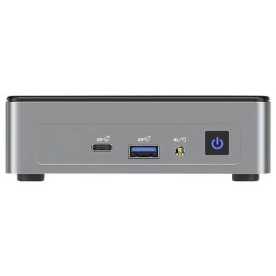 Vue de face d'un mini PC de bureau compact montrant un port USB-C, un port USB-A, une prise audio et un bouton d'alimentation sur le panneau avant.