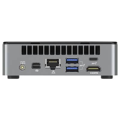 Vue arrière d'un petit mini PC montrant les ports : alimentation CC, DisplayPort, Ethernet, deux USB-A, USB-C et HDMI, avec des évents de refroidissement sur le dessus.