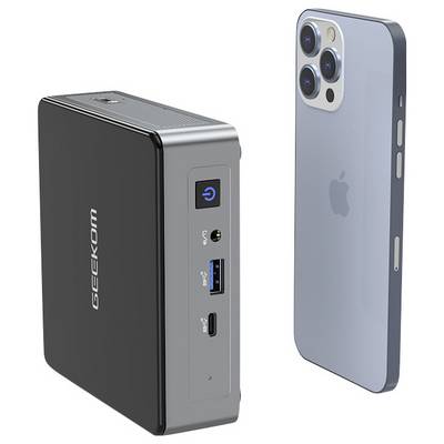 Chargeur portable GEKOM à côté d'un iPhone, affichant un bouton d'alimentation, des ports USB-A et USB-C sur le côté de l'appareil.