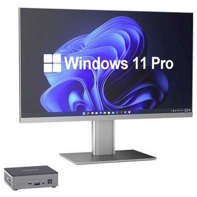 Un moniteur de bureau affiche l'écran d'accueil de Windows 11 Pro, avec un petit mini PC montré à côté.