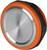 Un bouton-poussoir circulaire métallique avec un bord orange et des détails noirs, utilisé pour diverses applications électroniques.