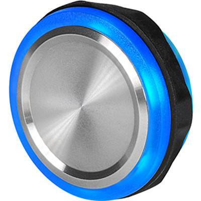 Un bouton-poussoir métallique avec un anneau LED bleu, couramment utilisé dans les appareils électroniques pour les fonctions d'alimentation ou de contrôle.