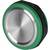 Un bouton rond en métal et plastique avec un centre argenté, un anneau extérieur vert et une bordure noire, utilisé pour contrôler les appareils électroniques.