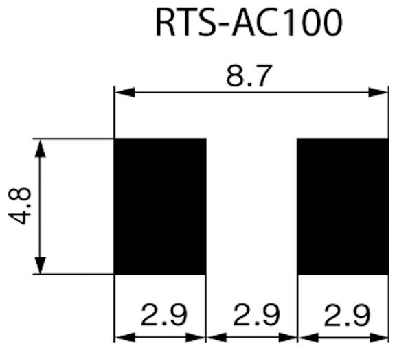 Diagramme montrant une vue de dessus du RTS-AC100 avec deux barres noires, chacune de 2,9 de large, séparées par un écart de 2,9. La largeur totale est de 8,7, la hauteur de 4,8.