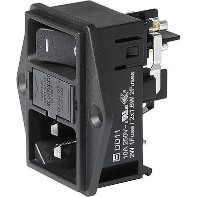 Un module d'interrupteur à bascule noir avec des étiquettes « I/O » pour l'alimentation marche/arrêt, doté de porte-fusibles doubles et de connexions de bornes électriques.