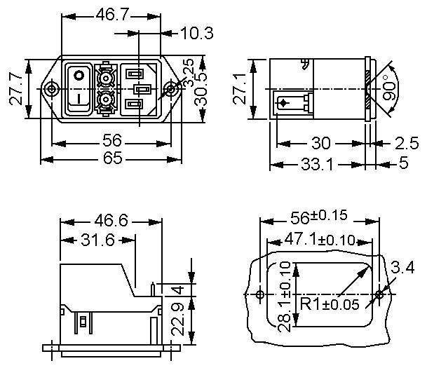 Dessins techniques d'un connecteur électrique avec plusieurs vues et dimensions en millimètres, incluant la largeur, la hauteur et la profondeur.