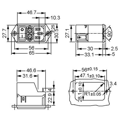 Dessins techniques d'un connecteur électrique avec plusieurs vues et dimensions en millimètres, incluant la largeur, la hauteur et la profondeur.