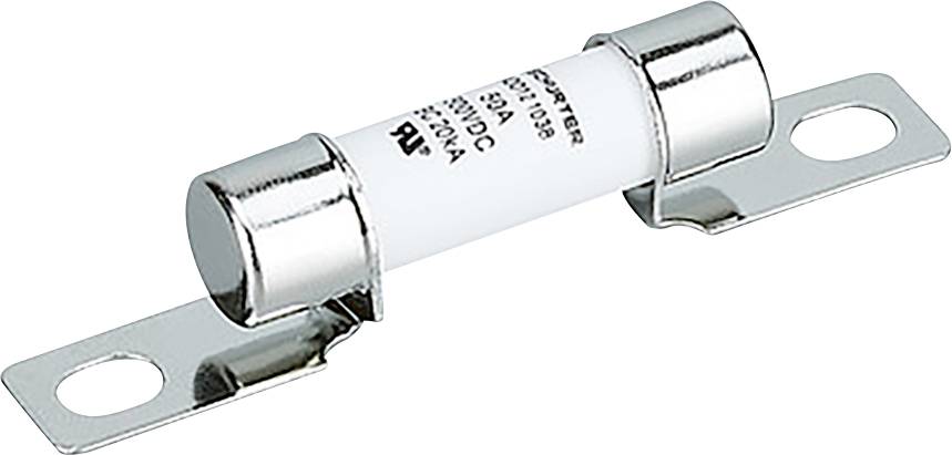Un fusible électrique cylindrique avec des capuchons métalliques aux extrémités et des supports de montage, étiqueté avec des spécifications, utilisé pour la protection des circuits.