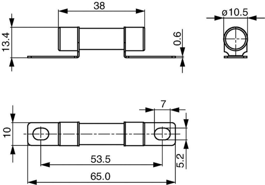 Dessin technique d'un composant cylindrique avec rainures, montrant les dimensions : hauteur 13,4, longueur 65, et diamètre 10,5.