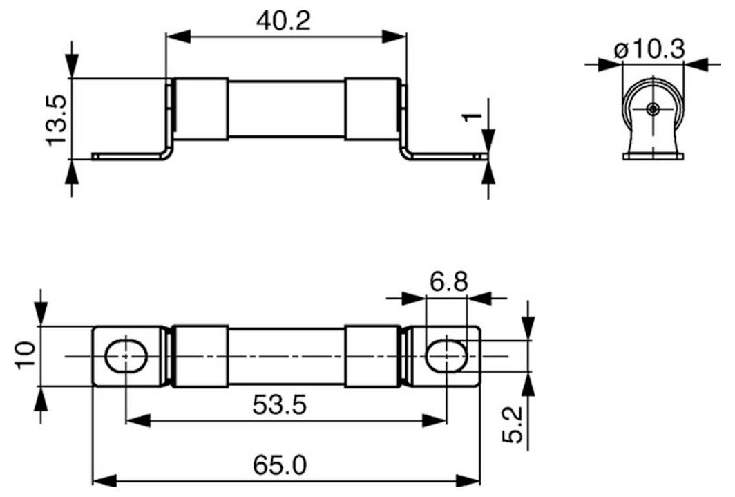 Diagramme technique d'un fusible. Affiche les vues de face, de dessus et de côté avec les mesures : longueur 65 mm, largeur 10 mm et espacement des bornes.