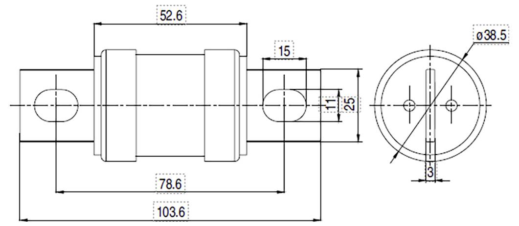 Dessin technique d'un composant cylindrique avec les dimensions : longueur 103,6 mm, diamètre 38,5 mm, et des mesures supplémentaires marquées.