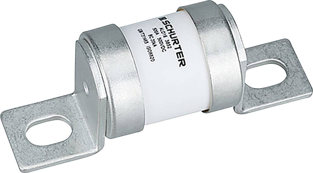 Un fusible électrique cylindrique blanc avec des embouts métalliques et des supports de montage, conçu pour la protection de circuit. Le texte sur le fusible indique les spécifications.