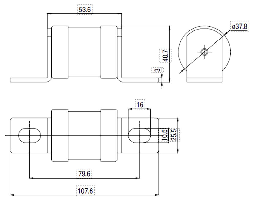 Dessin technique d'une équerre avec dimensions : longueur 53,6 mm, largeur 79,6 mm et hauteur 16 mm. Inclut les vues latérale et supérieure.