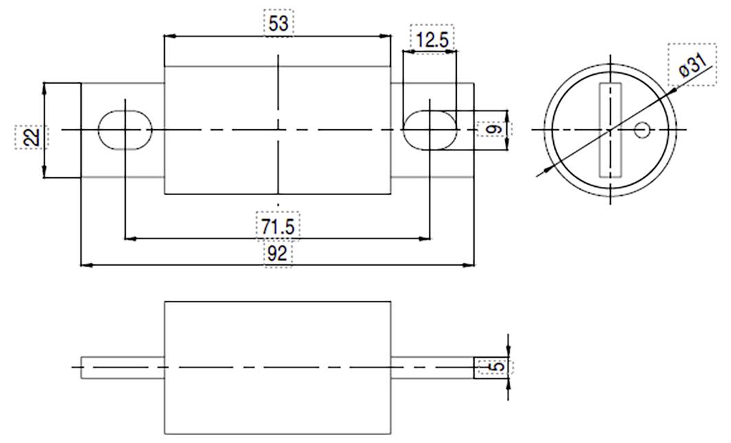 'Dessin technique d'un composant mécanique avec dimensions : 53, 12,5, 22, 71,5, 92 et 3 unités. Vues de face et de côté incluses.'