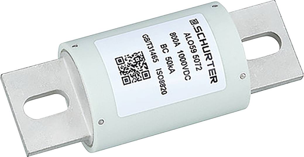 Un fusible électrique cylindrique étiqueté « Schurter 80A 1000VDC » avec des connecteurs métalliques aux deux extrémités, utilisé pour la protection contre les surcharges.