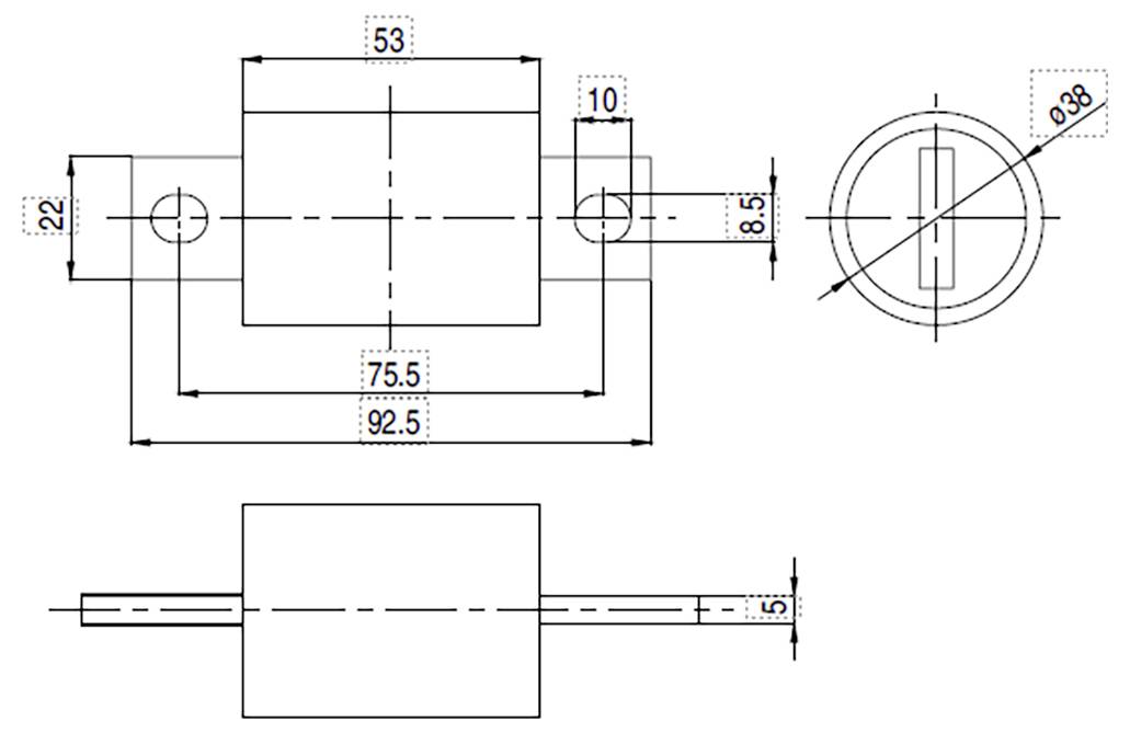 Schéma technique montrant les dimensions d'un composant mécanique avec les mesures : 53x75,5x22mm, diamètre du trou 38mm, autres pièces étiquetées.