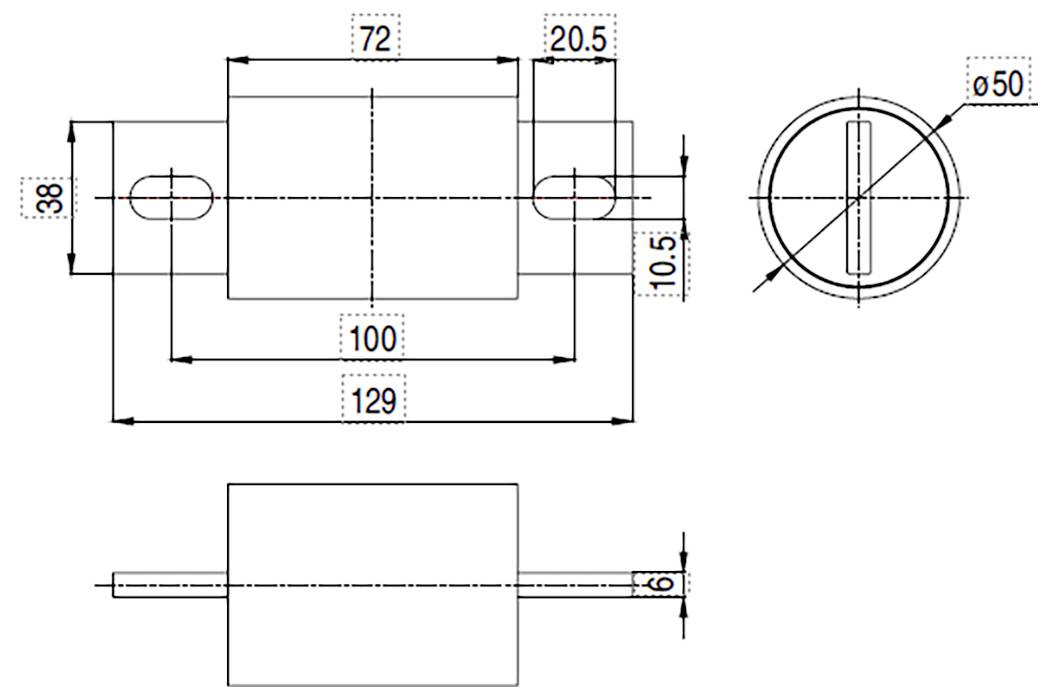 Dessin technique d'un objet cylindrique avec vues de dessus, de côté et d'extrémité. Les dimensions sont indiquées, montrant les détails de largeur, hauteur et diamètre.