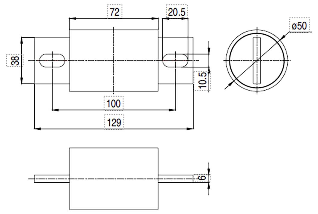 Dessin technique d'un composant cylindrique avec dimensions : longueur 129, largeur 72, hauteur 38, et un diamètre de cercle de 50.