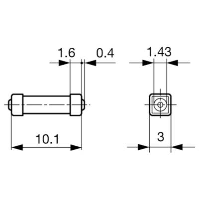 Un dessin technique d'un fusible cylindrique avec les dimensions suivantes : longueur 10,1, diamètre 3, capuchons d'extrémité 1,6 de largeur, et espace entre les capuchons 0,4.