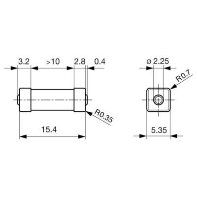 Dessin technique d'un composant cylindrique avec dimensions : longueur 15,4, diamètre 3,2, et mesures détaillées pour les connecteurs et le rayon.