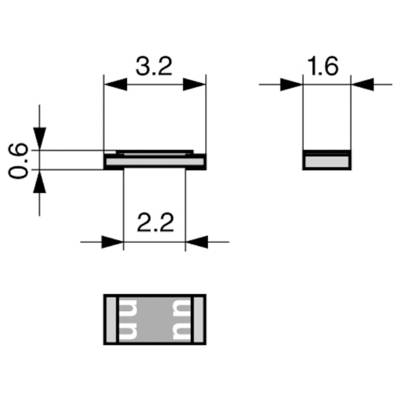 Diagramme technique d'un composant électronique rectangulaire. Dimensions : 3,2 mm de largeur, 1,6 mm de hauteur, 0,6 mm d'épaisseur, 2,2 mm de profondeur.