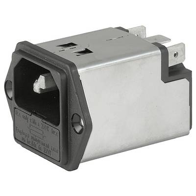 Une prise d'entrée de courant alternatif rectangulaire en métal pour appareils électroniques avec trois fentes de broche et un boîtier en plastique noir.