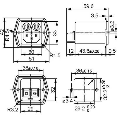 Dessin technique d'une prise électrique avec dimensions. Les vues de face, de côté et de dessus sont présentées. Les mesures détaillent les spécifications de la prise.