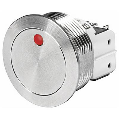 Un bouton-poussoir métallique rond et argenté avec un petit point indicateur rouge central, conçu pour les interfaces de dispositifs électroniques ou les panneaux de commande.