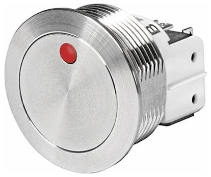 Un commutateur à bouton-poussoir métallique avec un voyant lumineux rouge sur le dessus, conçu pour un montage sur panneau, utilisé dans les appareils électroniques pour des fonctions de contrôle.