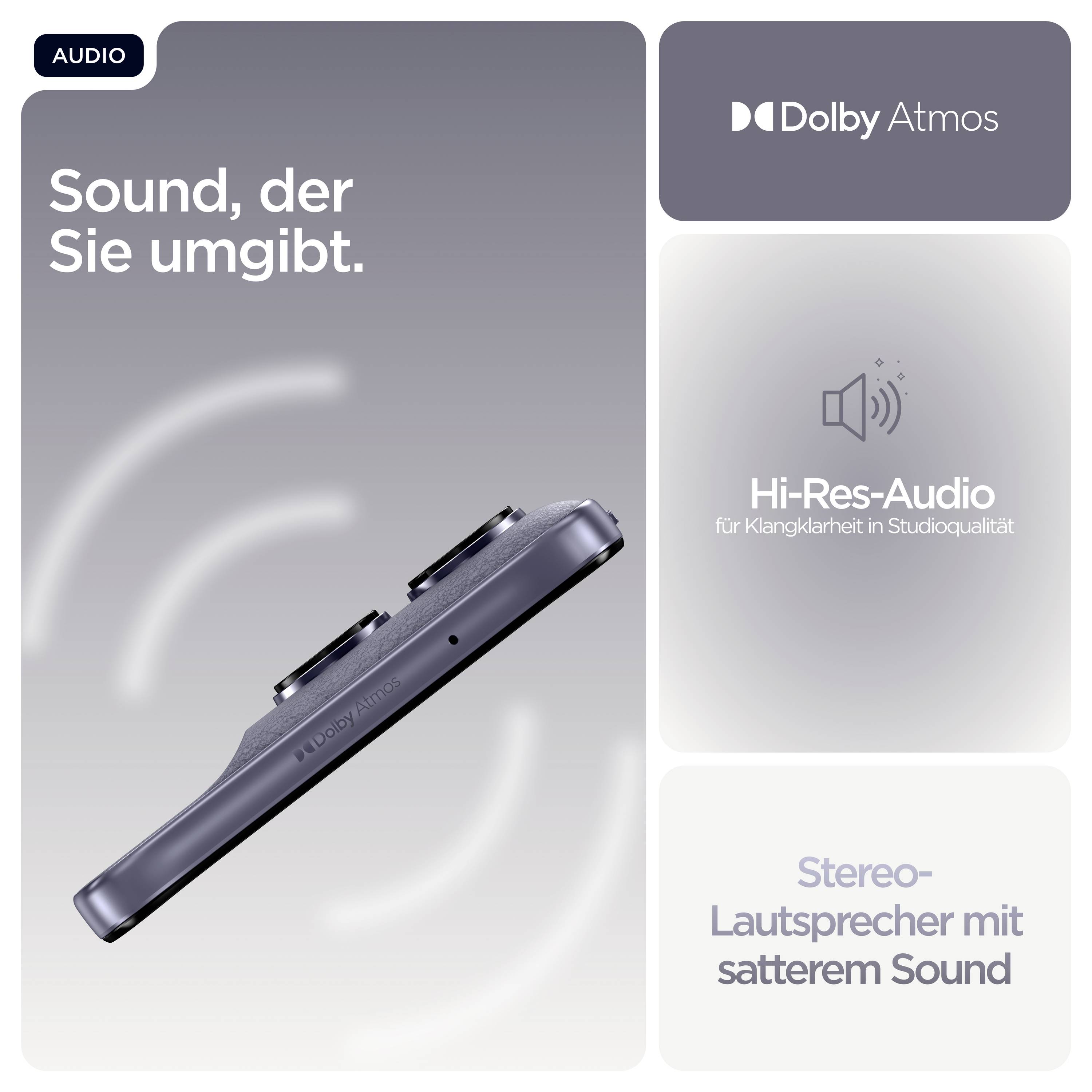 Un smartphone avec fonction audio Dolby Atmos, mettant en avant la « Hi-Res-Audio » et les « Haut-parleurs stéréo avec son riche » pour une qualité audio améliorée.