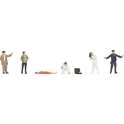 Silhouettes d'un détective, d'un journaliste, d'un médecin examinant un corps, d'un photographe et d'un policier, représentant une enquête sur une scène de crime.