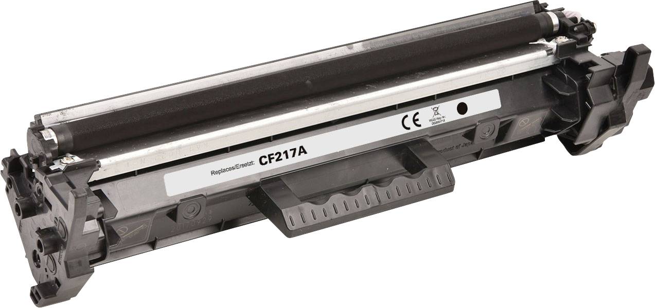 Cartouche de toner noir portant l'étiquette « CF217A » présentée sur un fond blanc, vue en angle du consommable pour imprimante.