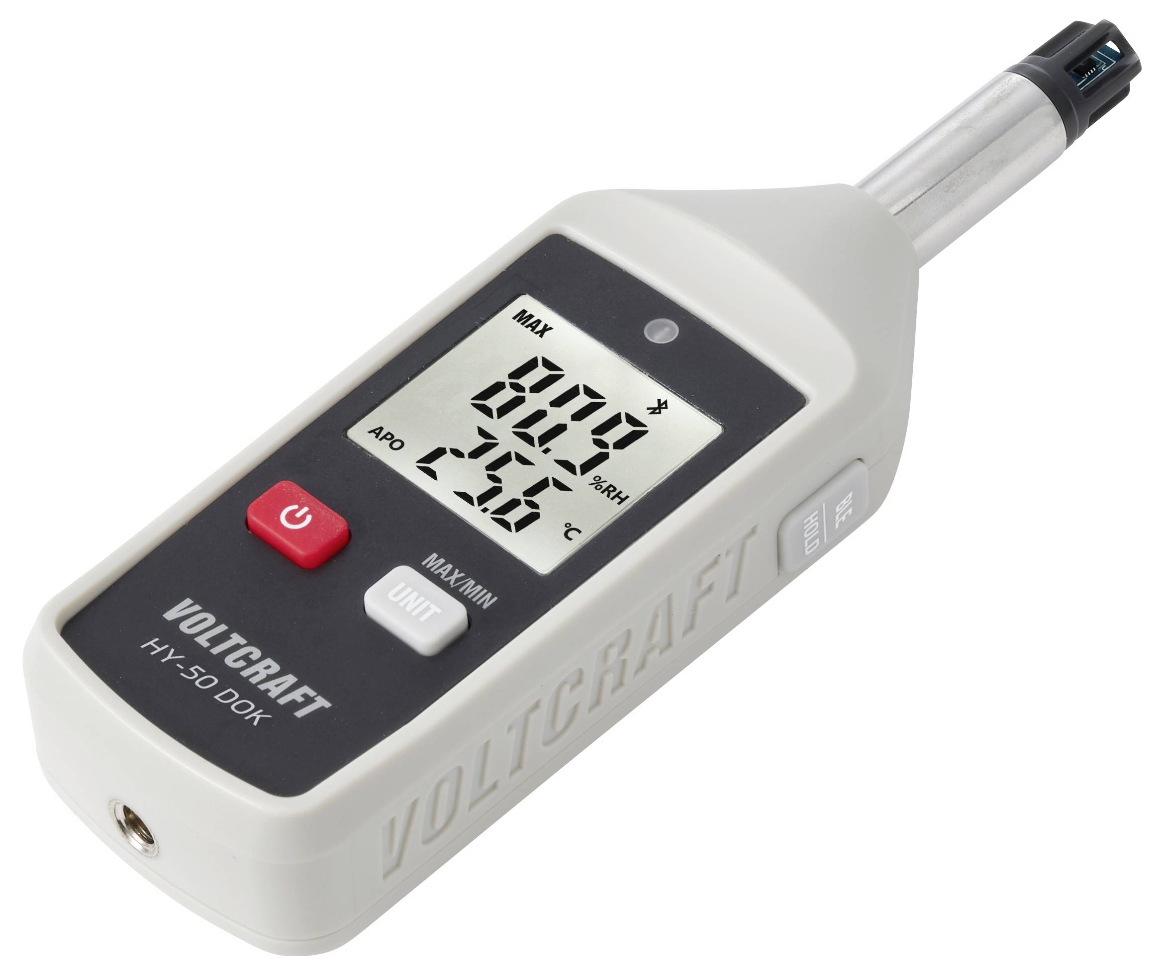 Thermo-hygromètre numérique portable Voltcraft avec sonde, affichant les lectures de température et d'humidité sur un écran LCD.
