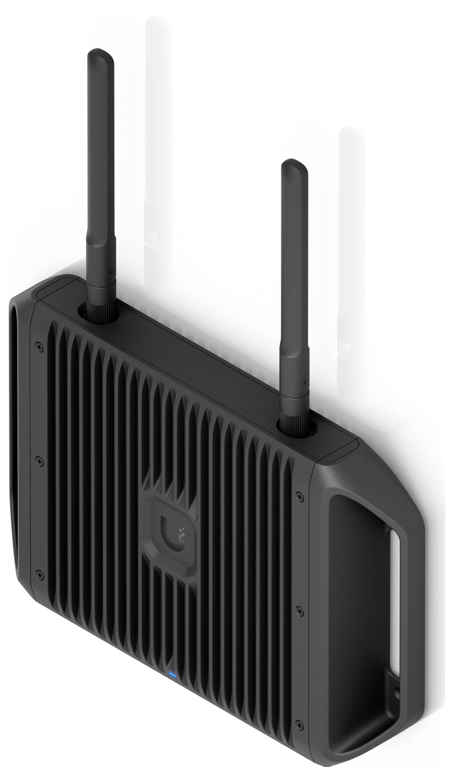 Un appareil de réseautage sans fil noir avec deux antennes dressées, présentant un design nervuré et un petit logo sur le devant.