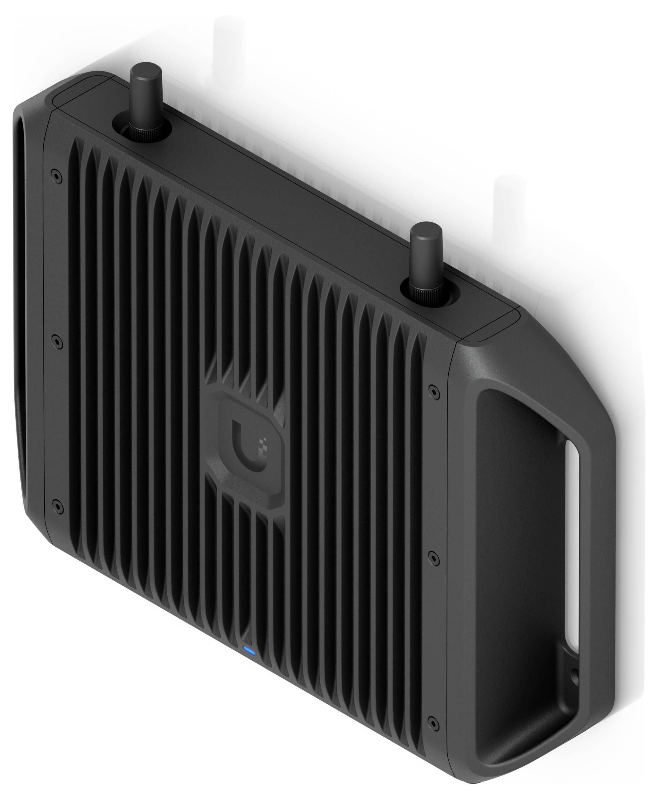 Un appareil électronique noir, monté verticalement, avec deux ports d'antenne et un design nervuré, utilisé pour la mise en réseau sans fil.