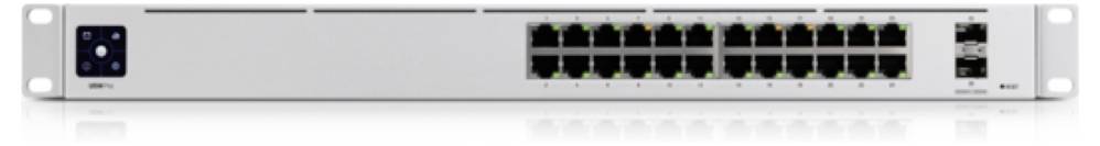 Un commutateur réseau avec 24 ports Ethernet et 2 ports SFP est affiché sur un fond blanc.