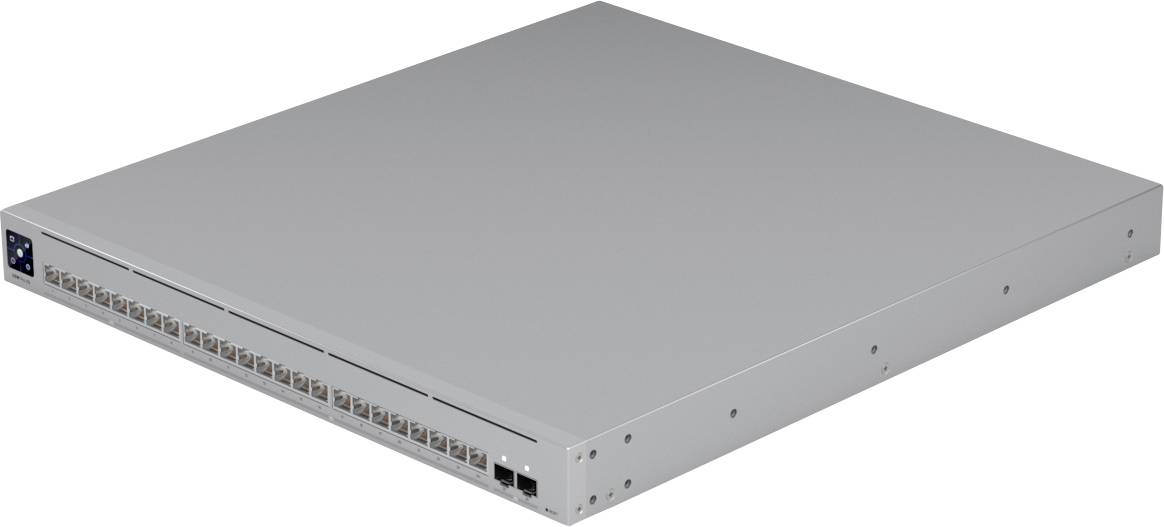 Un commutateur réseau disposant de multiples ports Ethernet est présenté, conçu pour être installé dans un rack serveur, facilitant la distribution des données.