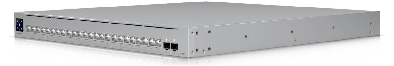 Un commutateur réseau argenté avec plusieurs ports Ethernet et des indicateurs LED, conçu pour les connexions de données haute vitesse dans les environnements informatiques.
