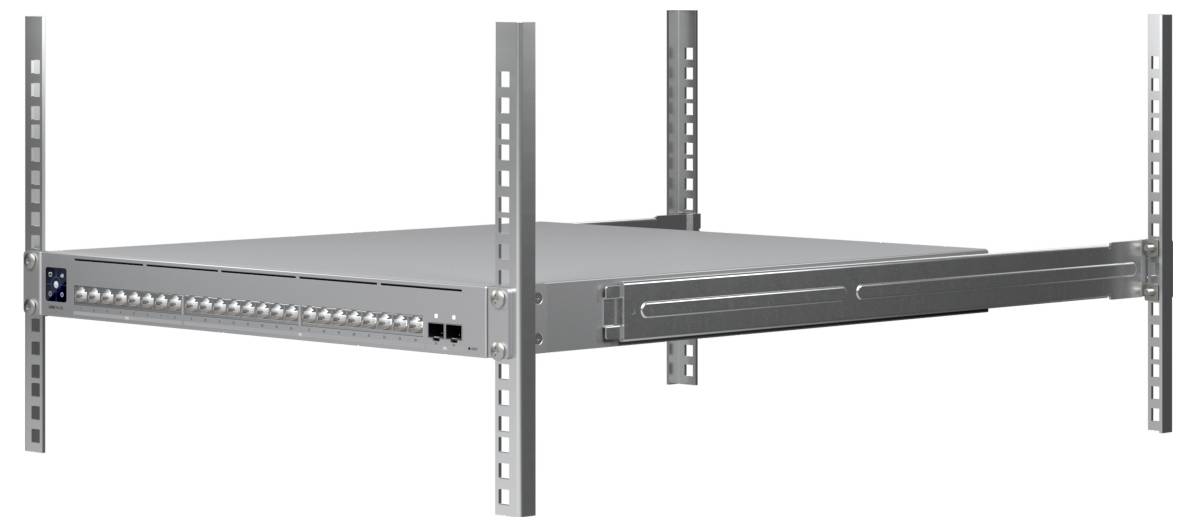 Une étagère de baie serveur métallique avec équipement monté, mettant en avant une surface plane et des rails latéraux pour le support, utilisée dans les configurations de centre de données.