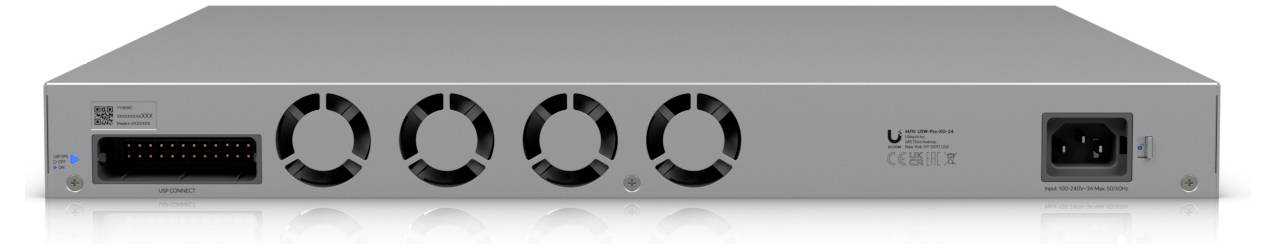 Le panneau arrière montre un commutateur réseau avec quatre ventilateurs de refroidissement, une entrée d'alimentation et plusieurs ports Ethernet.