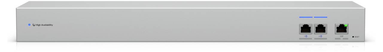 Un dispositif réseau gris avec deux ports Ethernet et des voyants lumineux.