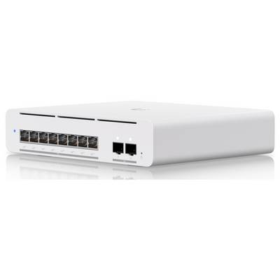 Un commutateur réseau avec huit ports Ethernet et deux ports supplémentaires, logé dans un boîtier blanc épuré, généralement utilisé pour la connectivité réseau.