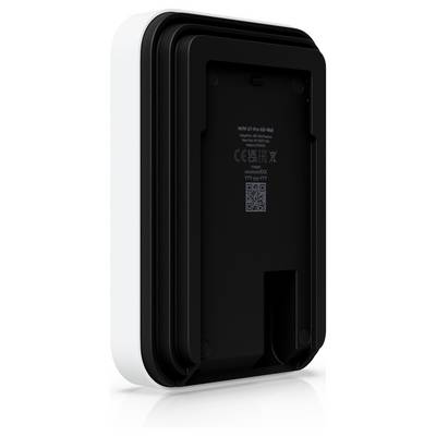 Un appareil électronique rectangulaire blanc et noir avec un design en couches, probablement un modem ou un routeur, montré en vue latérale.