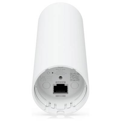 La image montre la vue de dessous d'un appareil électronique cylindrique blanc avec un port Ethernet, un code QR et des boutons de configuration.