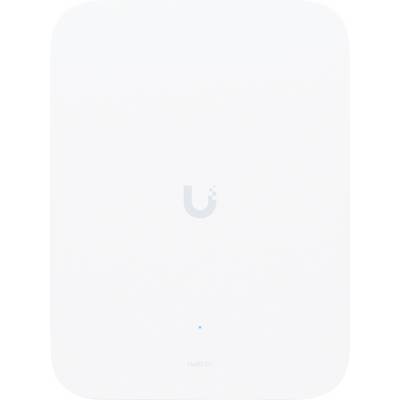 Un point d'accès Wi-Fi rectangulaire blanc avec un petit logo 'Ubiquiti' centré et un voyant LED bleu en bas.
