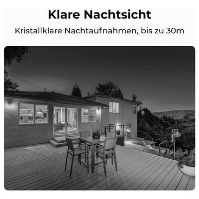 Vision nocturne claire : Des prises de vue nocturnes cristallines, jusqu'à 30m' montre une maison moderne avec un intérieur éclairé et une terrasse de nuit.