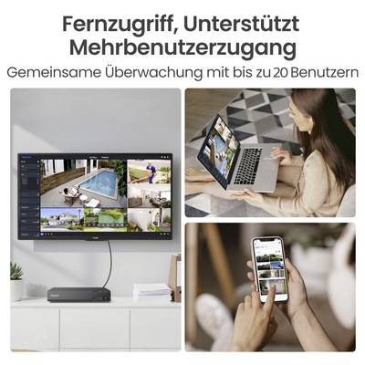 L'accès à distance, supporte l'accès multi-utilisateurs, affiche les écrans de surveillance des caméras à distance sur les téléviseurs, les ordinateurs portables et les smartphones.