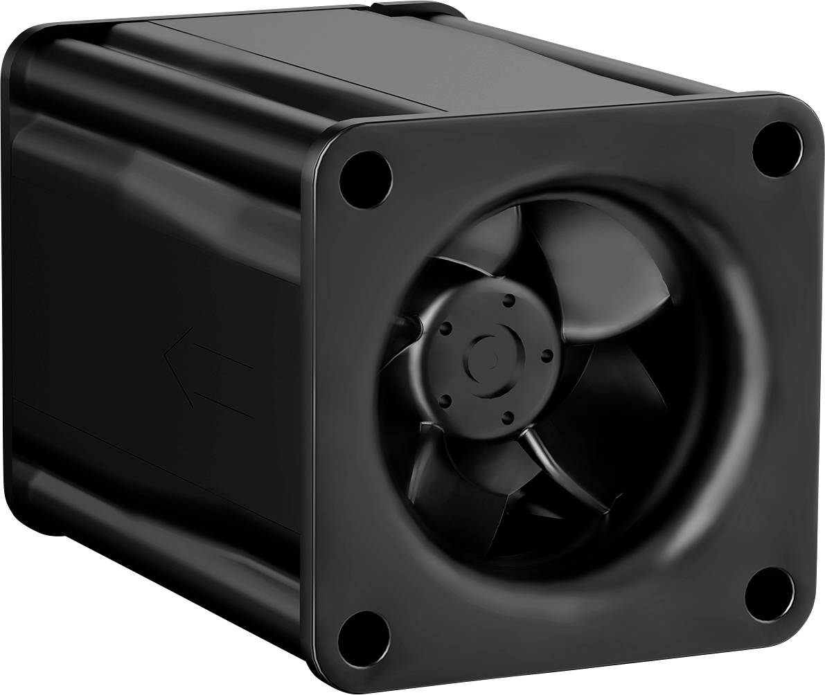 Un ventilateur industriel noir logé dans un boîtier rectangulaire avec une hélice visible orientée vers l'avant et une flèche directionnelle sur le côté.