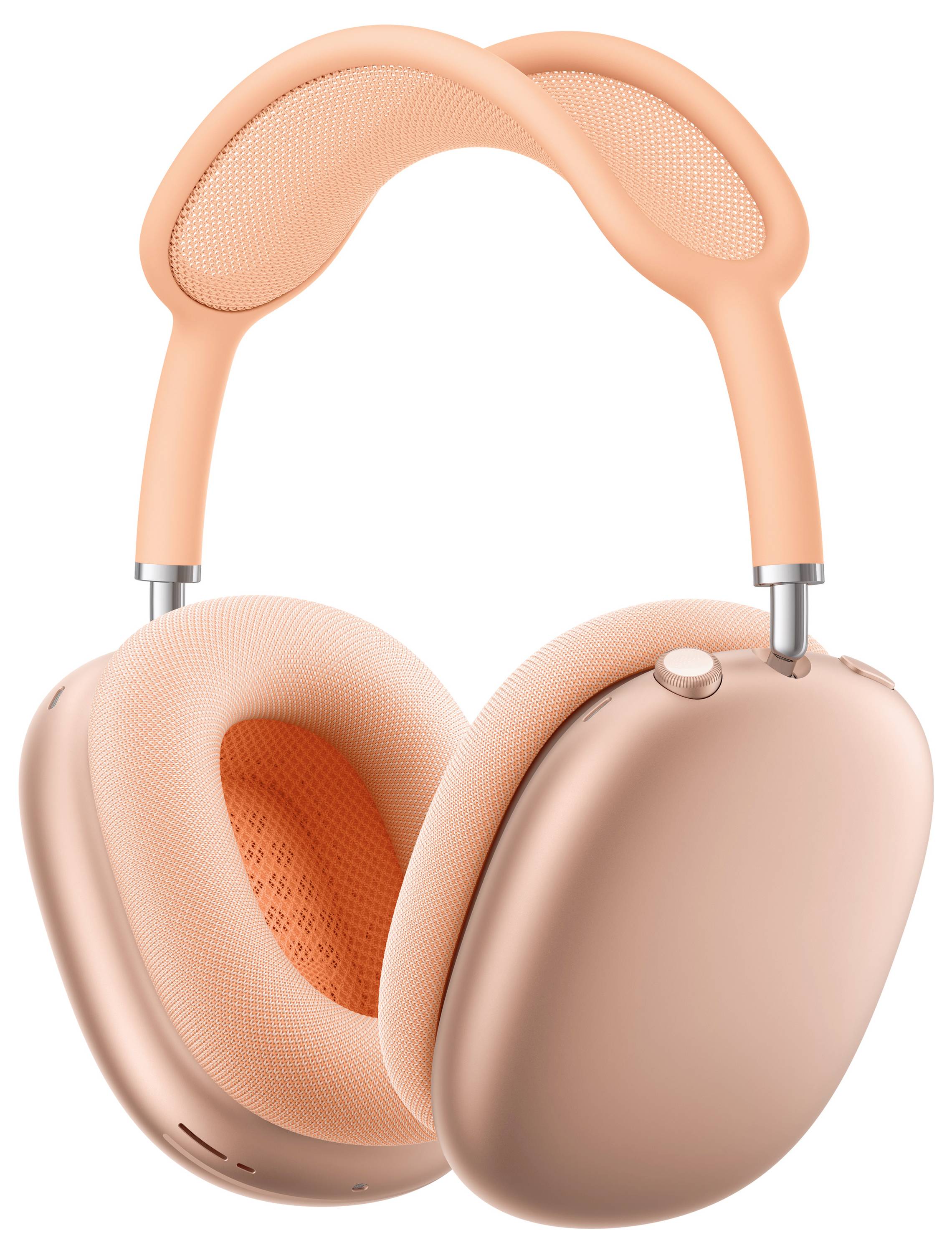 Une paire de casques supra-auriculaires de couleur pêche avec un serre-tête en maille flexible et des coussinets auriculaires rembourrés, conçus pour le confort et le style.